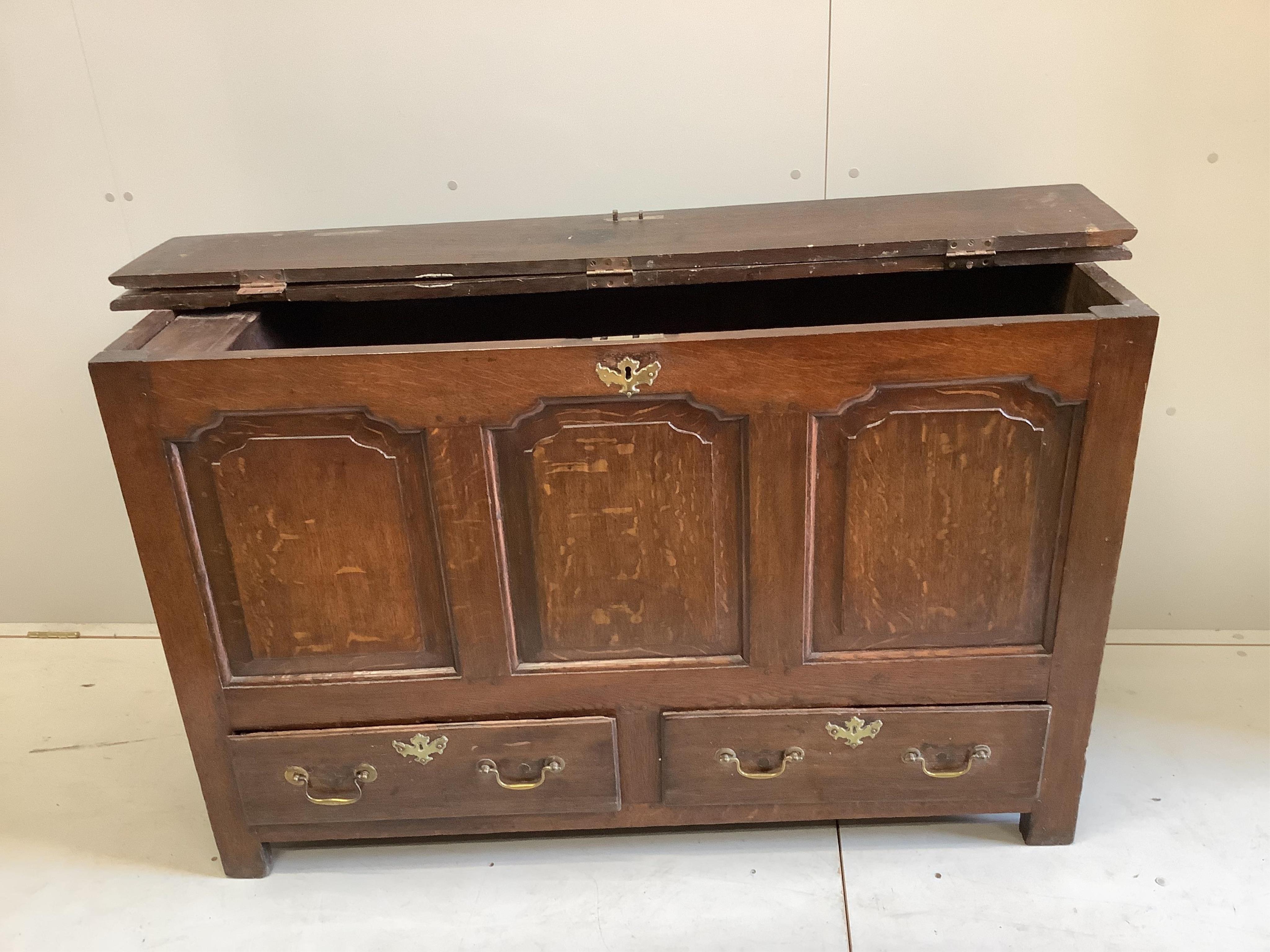 An 18th century oak mule chest, lid adapted, width 138cm, depth 53cm, height 86cm. Condition - fair